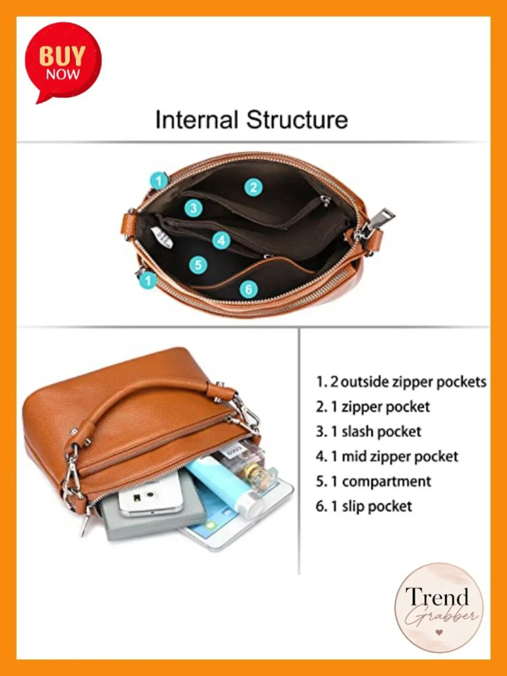 Genuine Leather Crossbody Bag with 7 Pockets Detachable Straps Satchel Handbag